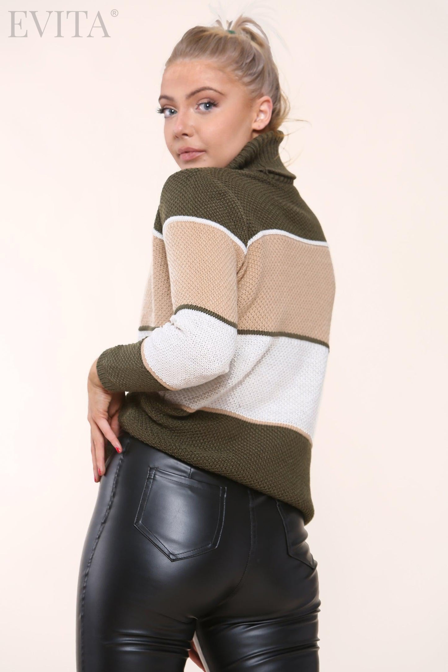 Honeycomb Knitted Polo Neck Long Sleeve Jumper Top