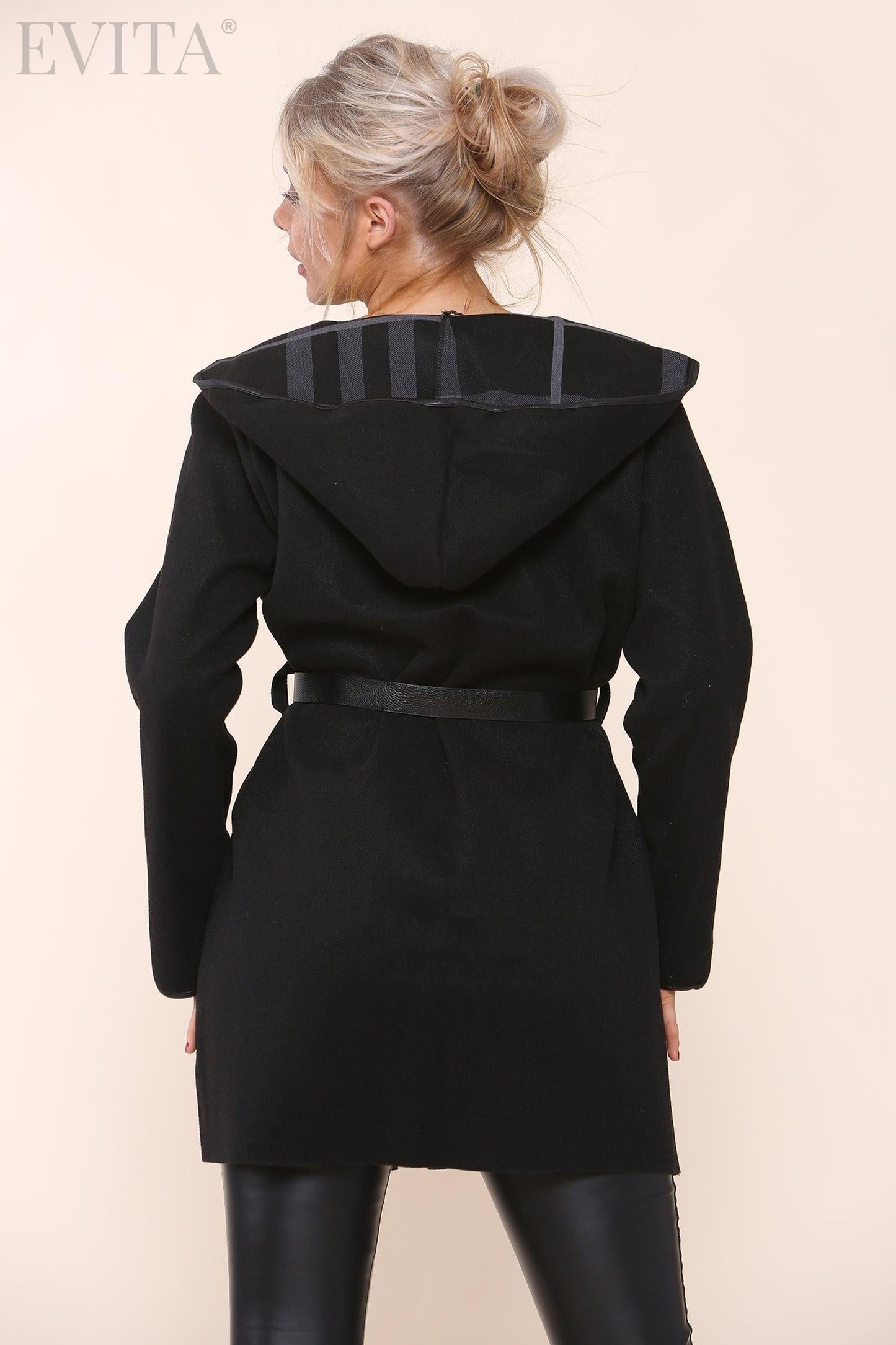 Plain Check Lined Wool Look Hooded Coat with Belt