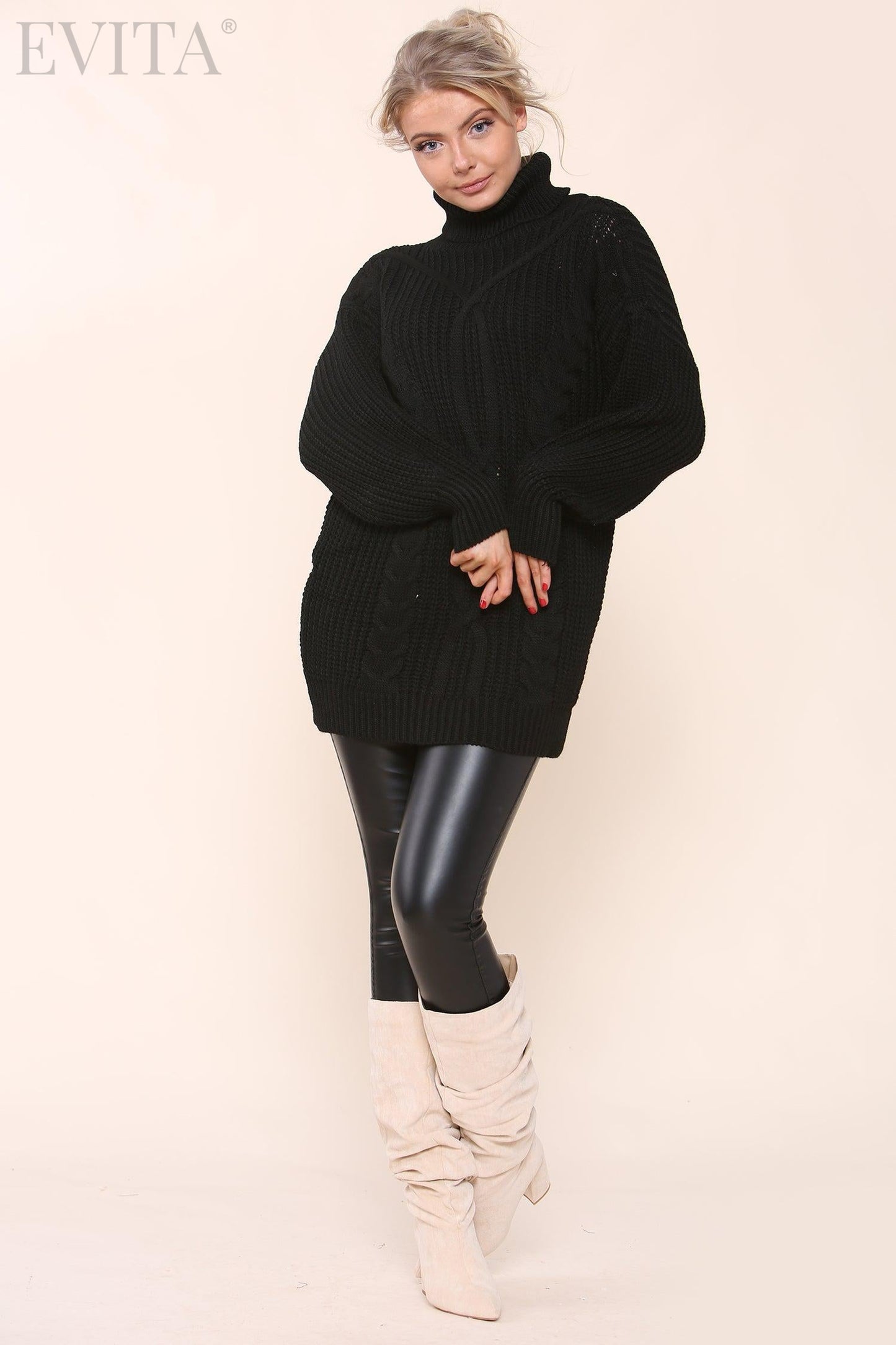 Cable Knit Long Sleeve Polo Neck Jumper Dress