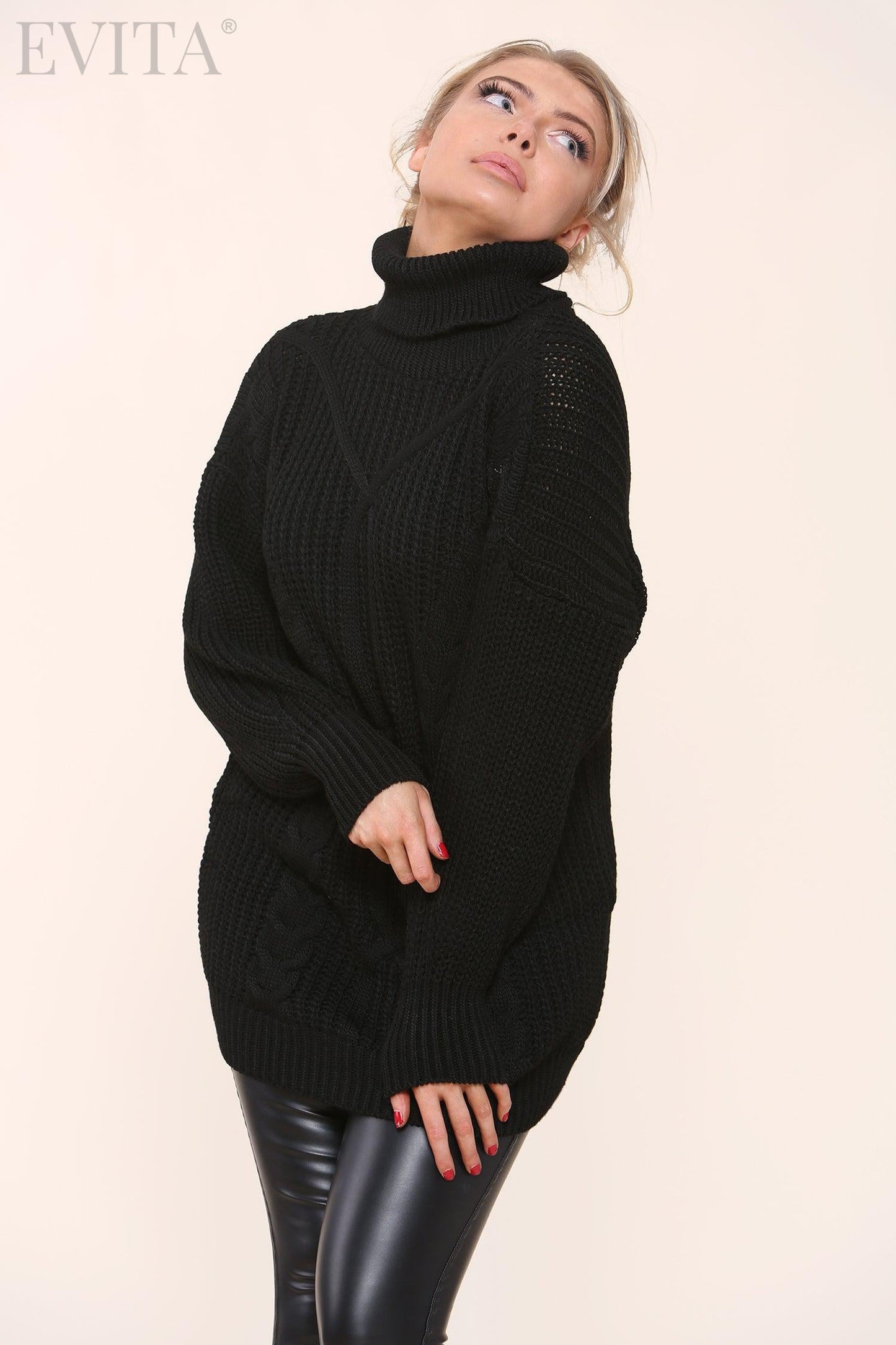 Cable Knit Long Sleeve Polo Neck Jumper Dress