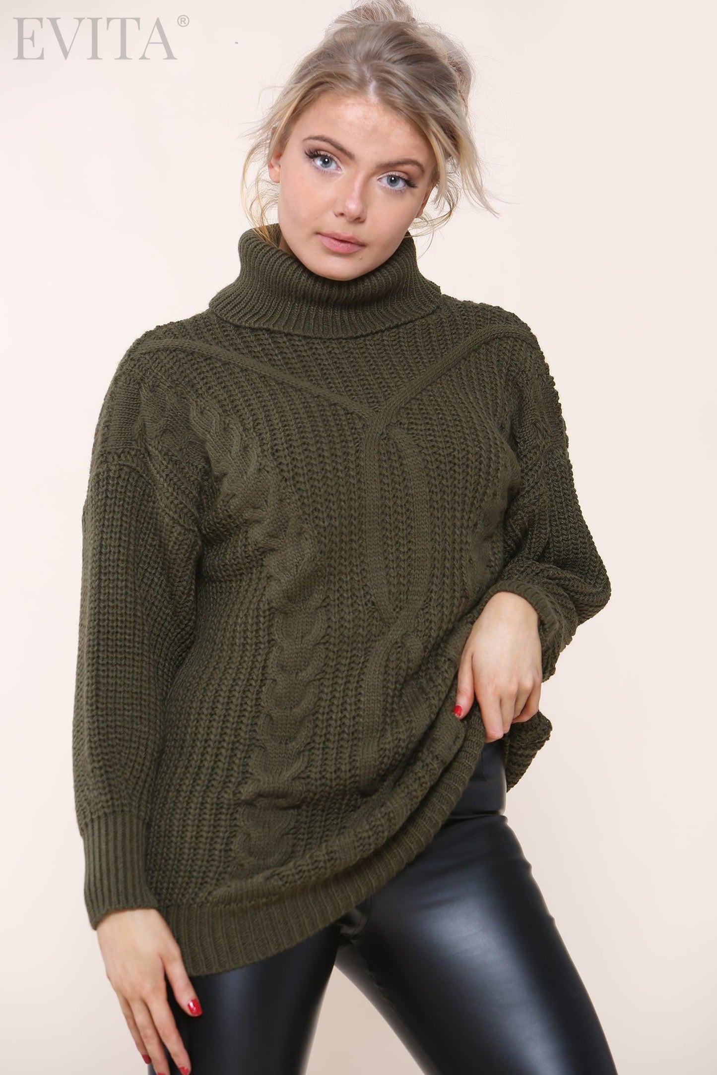 Cable Knit Long Sleeve Polo Neck Jumper Dress