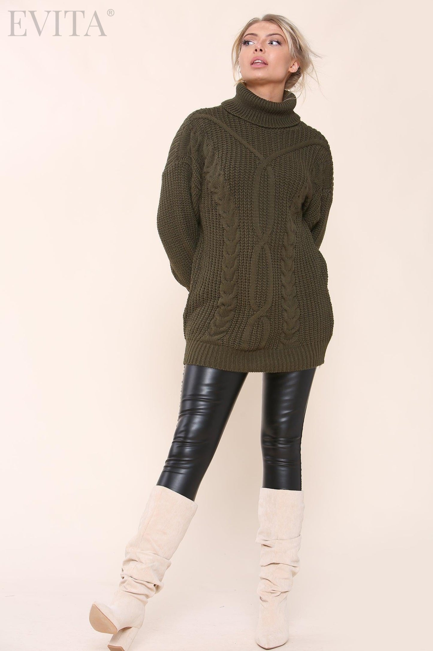 Cable Knit Long Sleeve Polo Neck Jumper Dress
