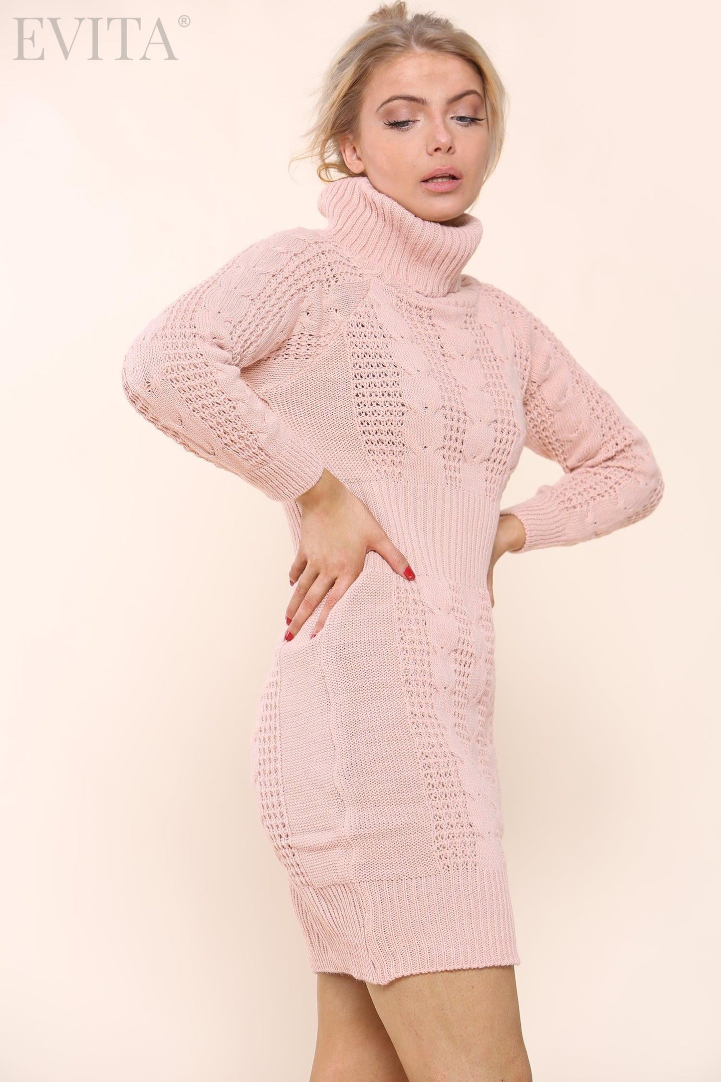 Knitted Cable Ribbed Waist Polo Neck Long Sleeve Jumper Dress