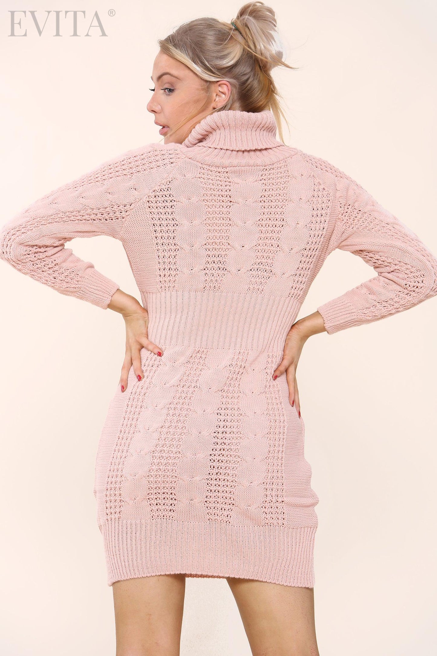 Knitted Cable Ribbed Waist Polo Neck Long Sleeve Jumper Dress