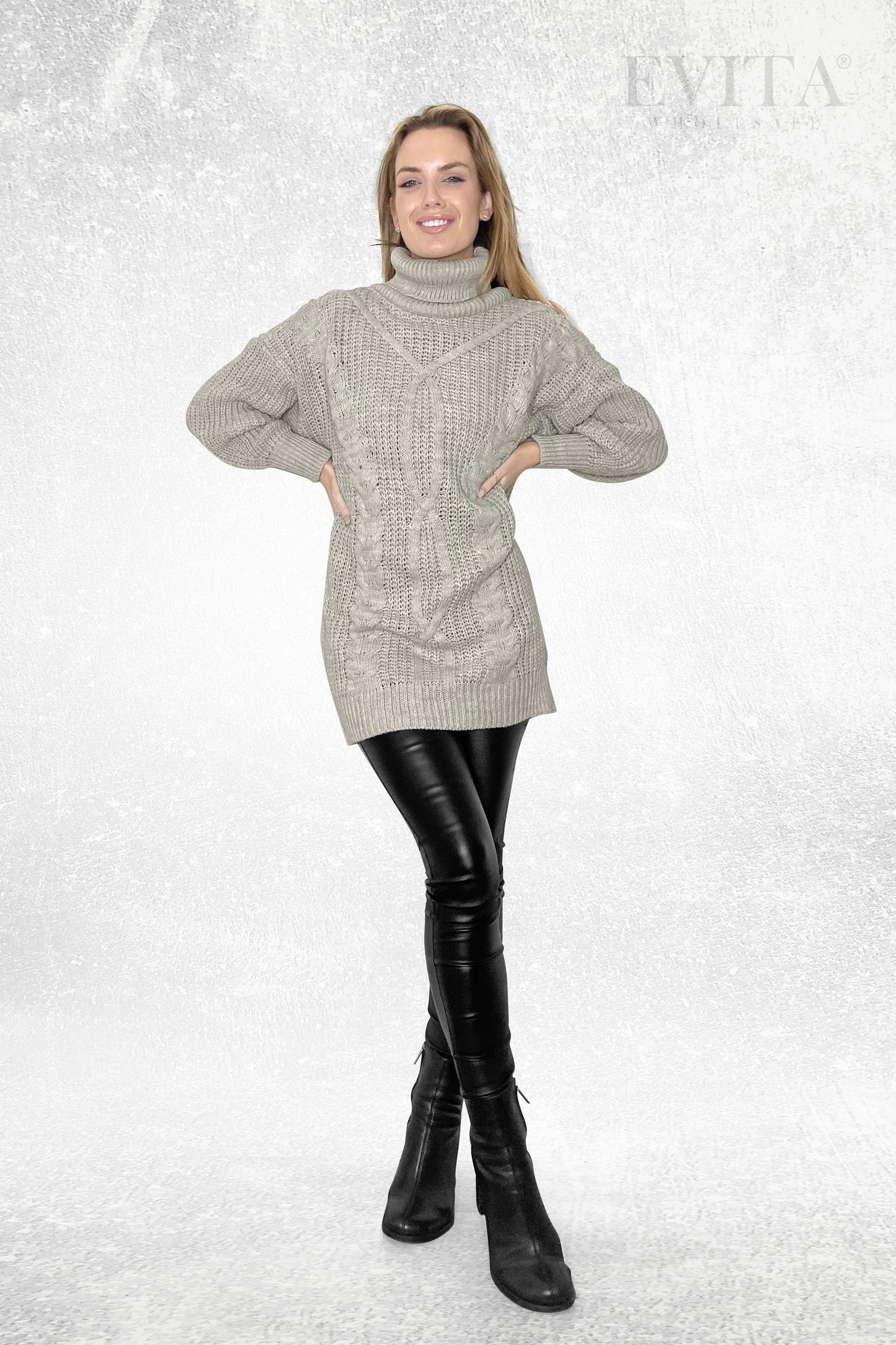 Cable Knit Long Sleeve Polo Neck Jumper Dress