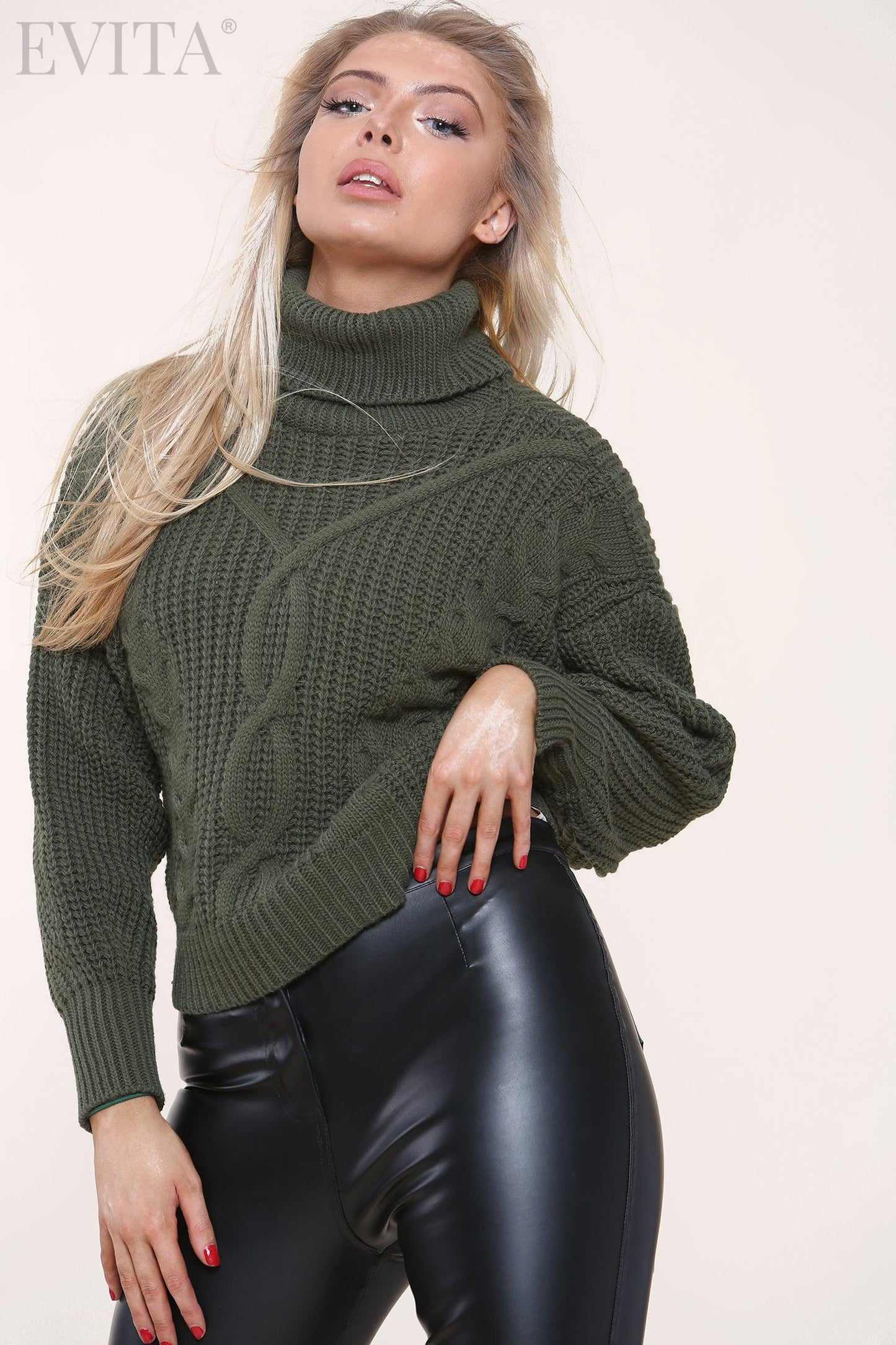 Cable Knit Long Sleeve Polo Neck Jumper Top