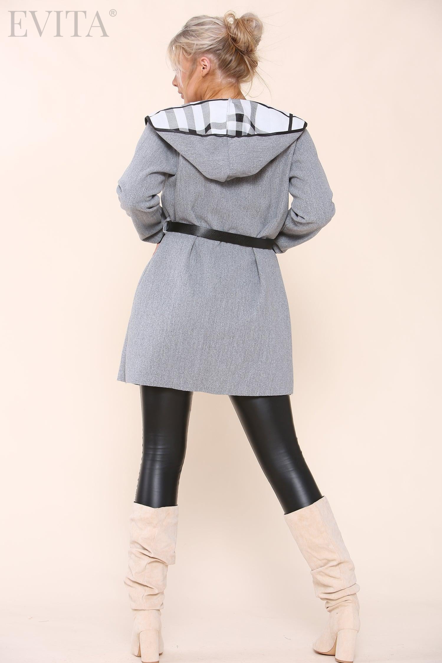 Plain Check Lined Wool Look Hooded Coat with Belt