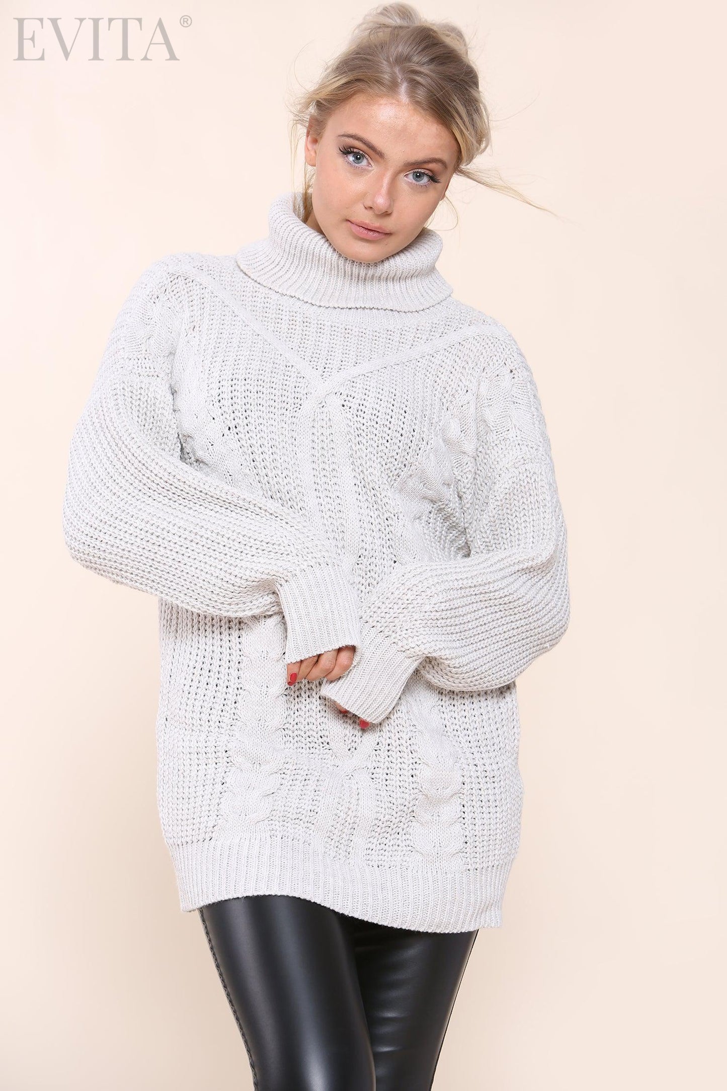 Cable Knit Long Sleeve Polo Neck Jumper Dress