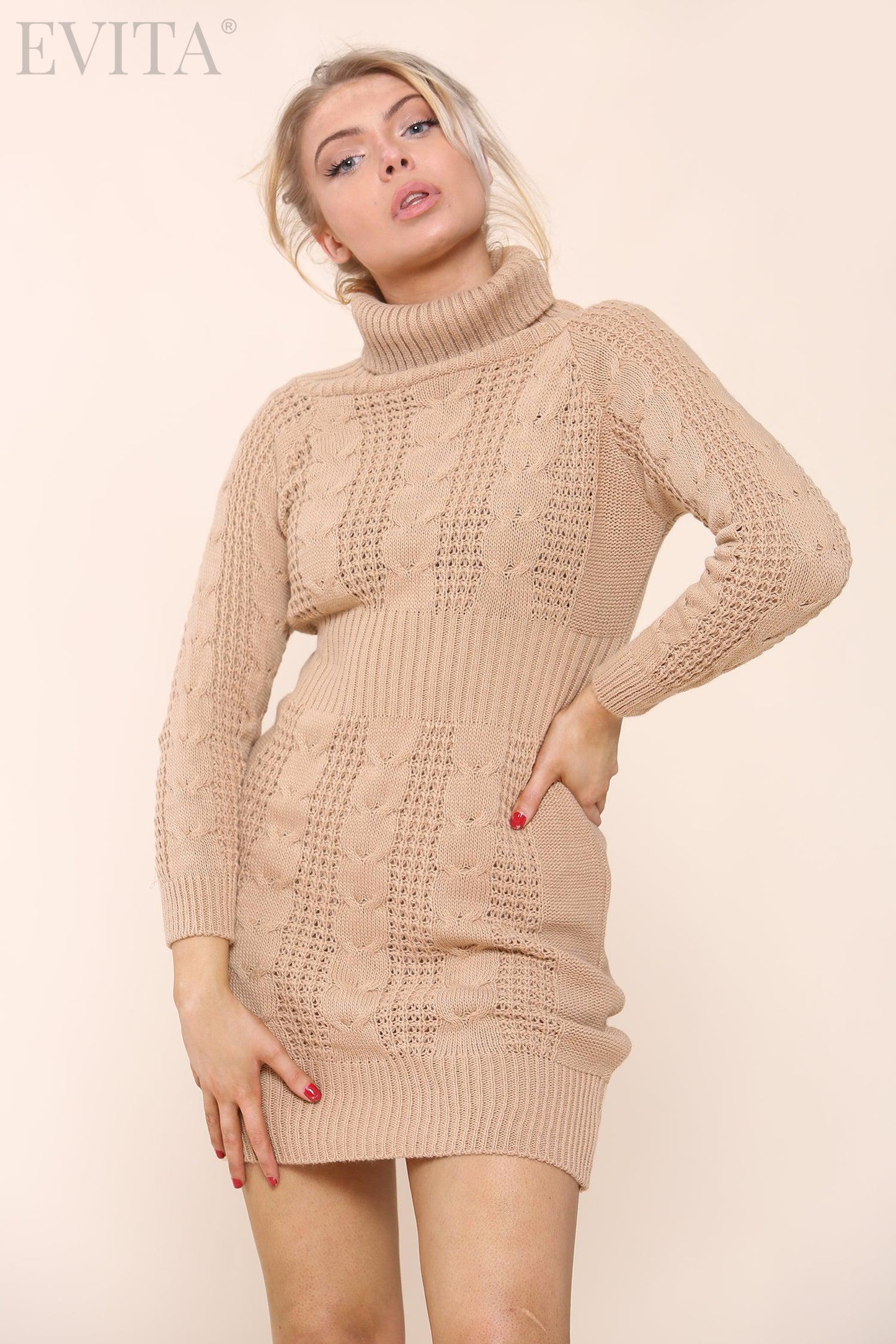 Knitted Cable Ribbed Waist Polo Neck Long Sleeve Jumper Dress