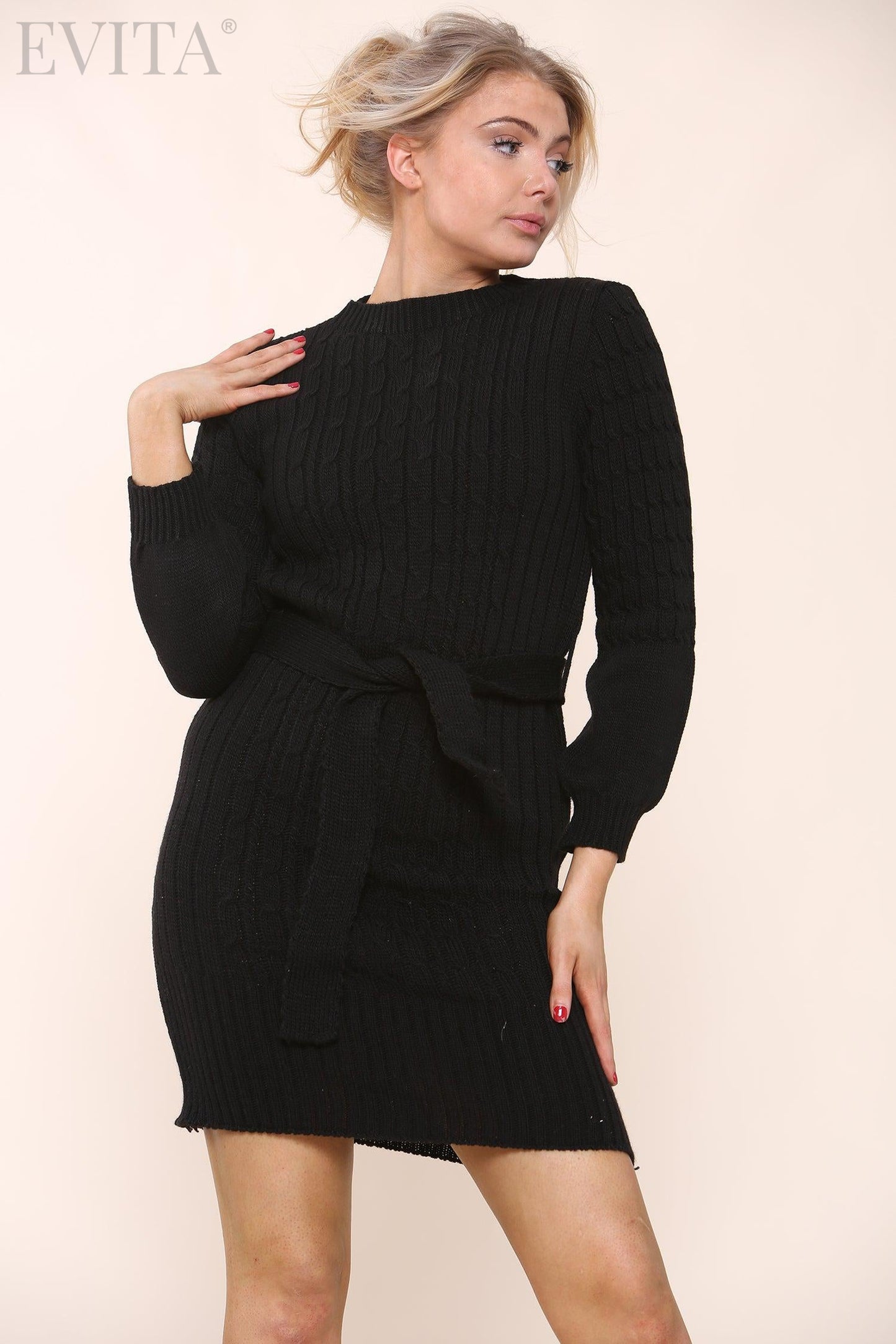 Turtle Neck Fine Cable Knitted Long Sleeve Jumper Dress