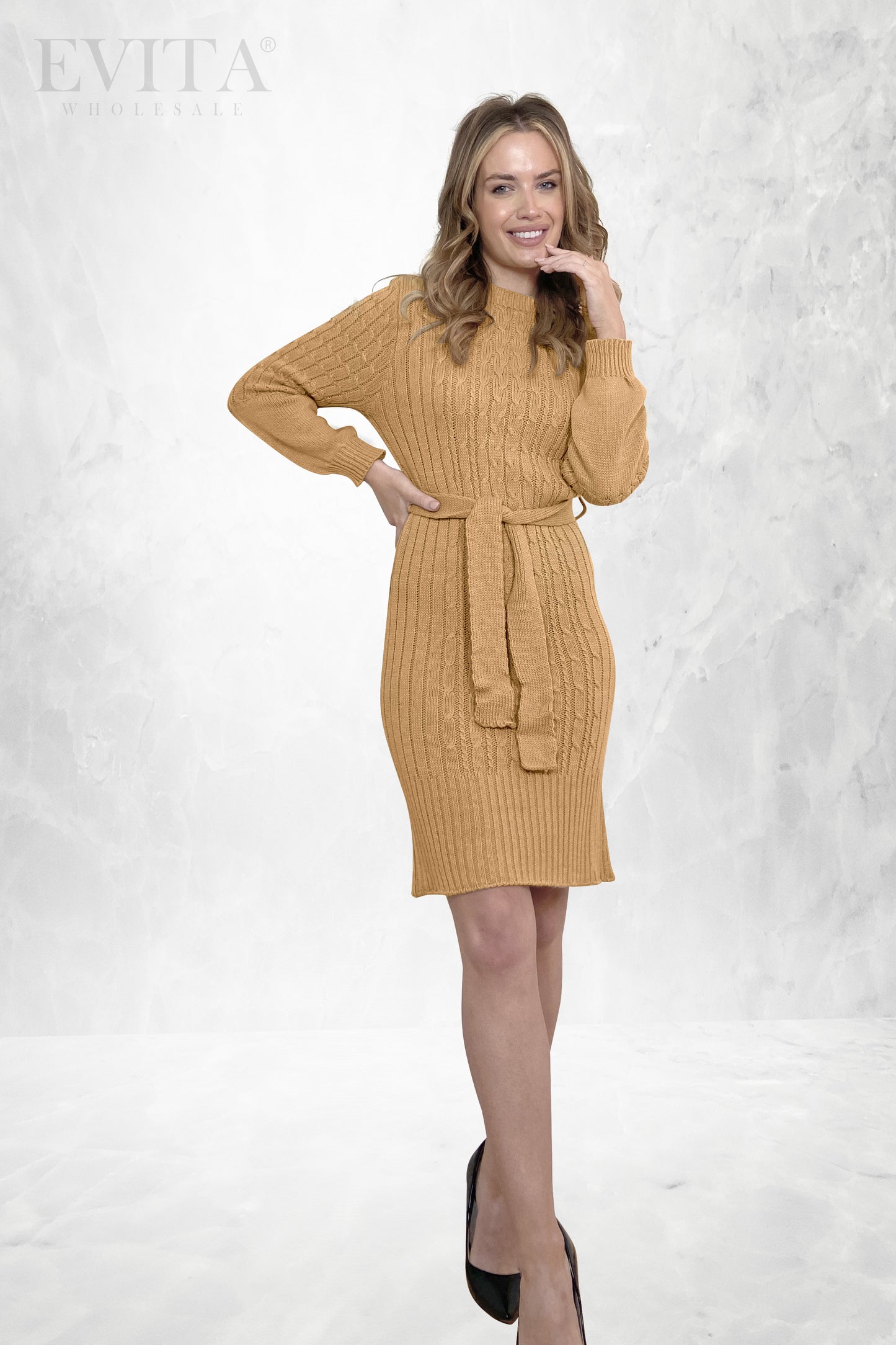 Turtle Neck Fine Cable Knitted Long Sleeve Jumper Dress